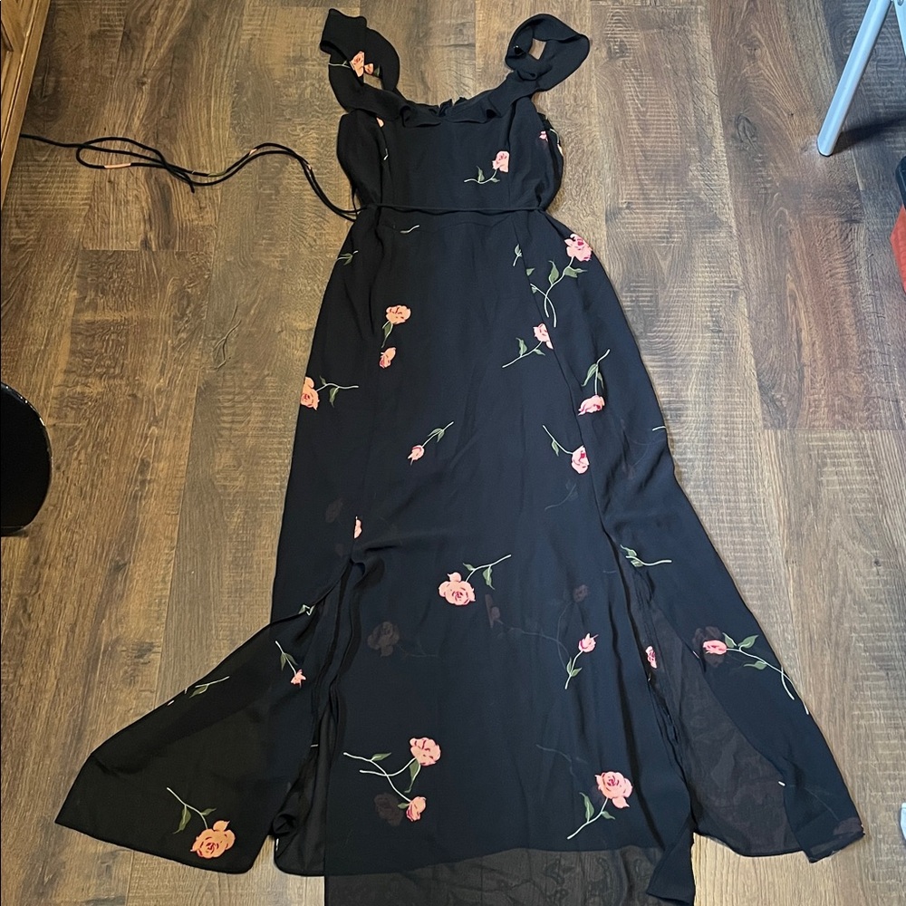 Ashley Graham Beyond Floral Sheer Ruffle Slit Belted Maxi Zip Dress
